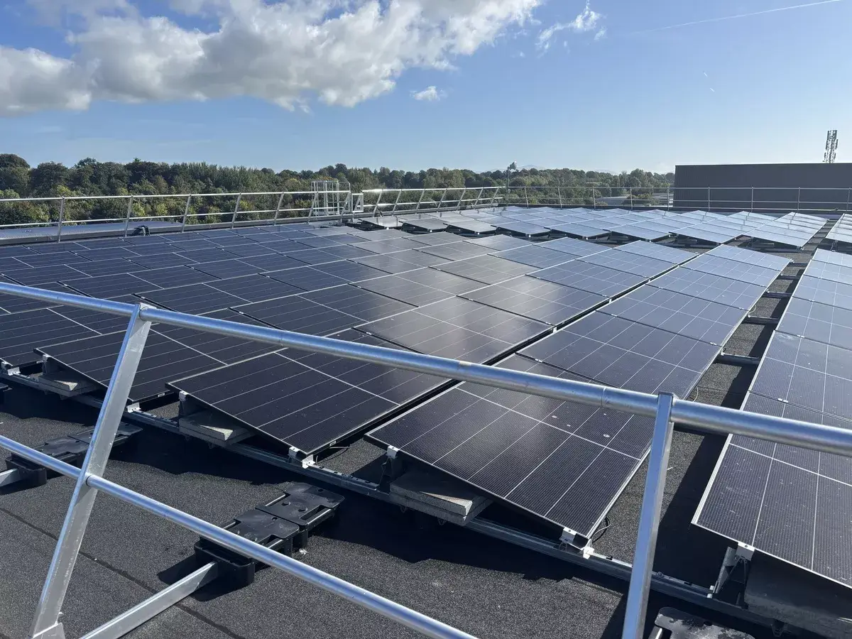 Solar PV for cleanrooms featuring a completed commercial solar panel installation by commercial solar panel installers using a commercial solar PV system for long-term cleanroom energy efficiency